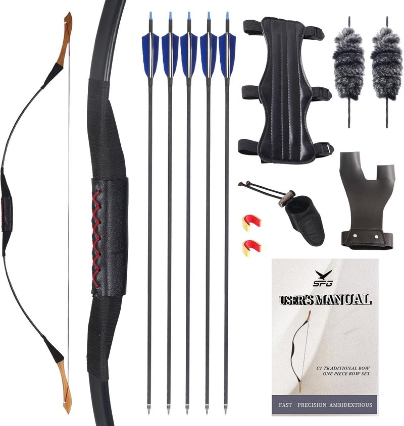SP.G 50lbs One Piece Traditional Bow - 50" Handmade Wooden Bow Fast Precision Shooting Traditional Recurve Bow and Arrow Set for Adult & Archers Right Left Hand Archery Horse Long Bow - Image 1